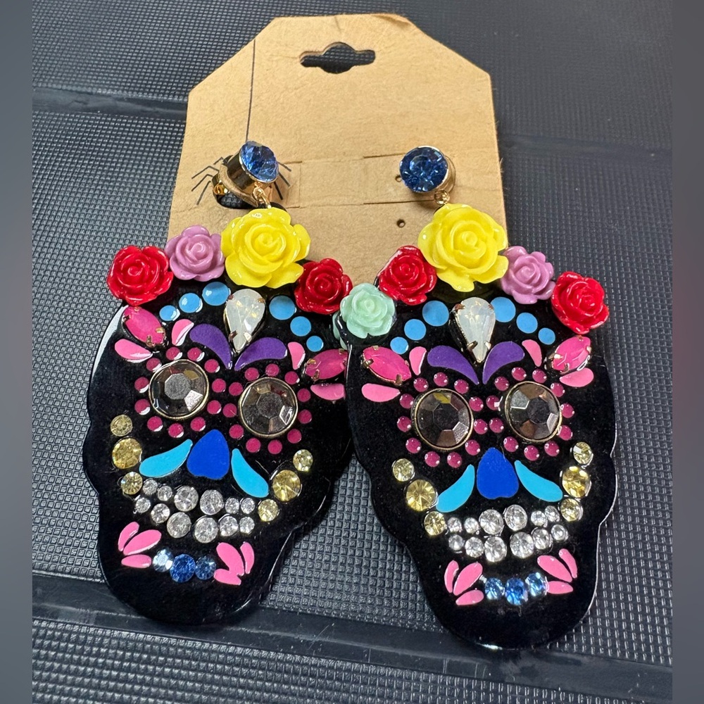 Colorful Sugar Skull Statement Earrings | Day of Dead Rhinestone Floral Earrings